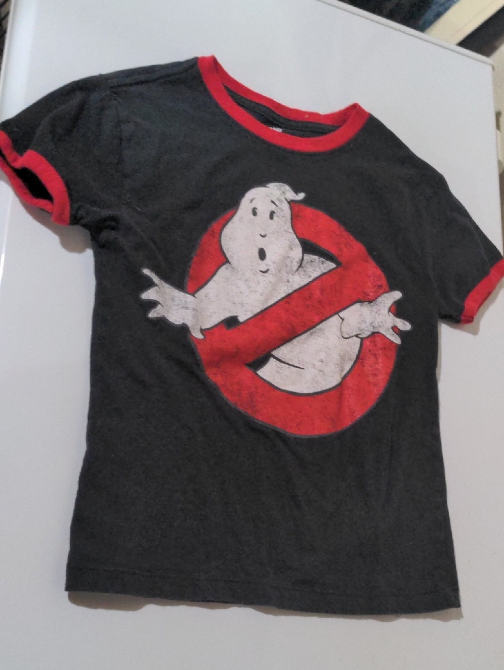 Ghostbusters Vintage 80s Kids Logo Ringer Tee — Black with Red Trim